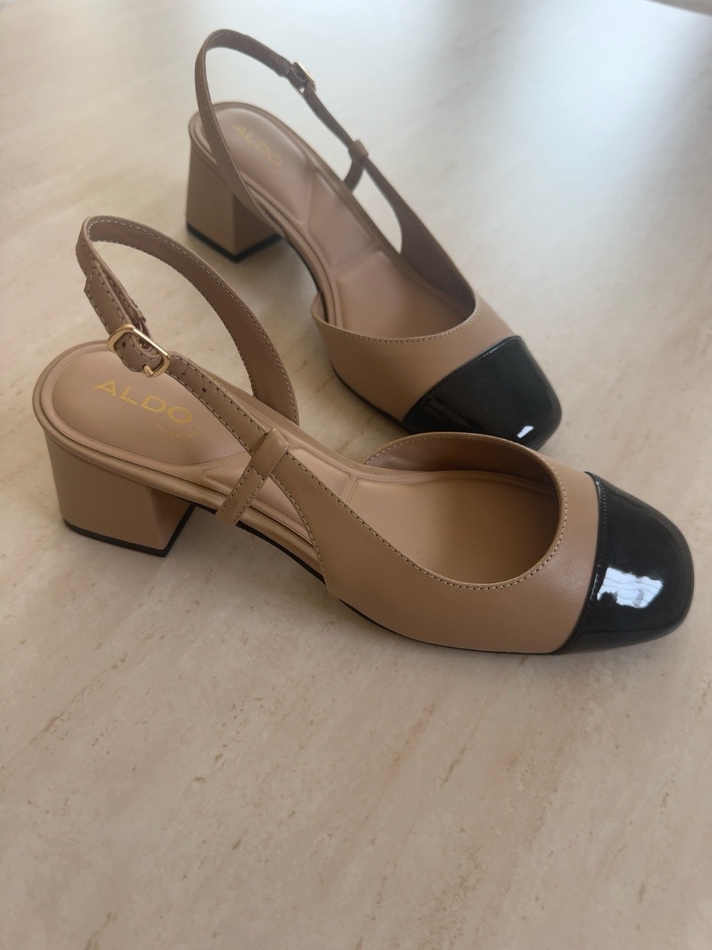 ALDO Tan Slingback Block Heels with Black Patent Cap Toe